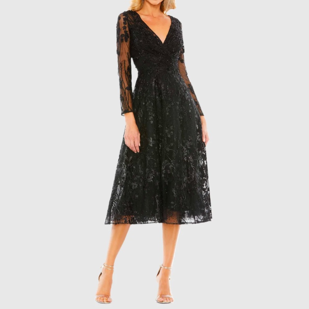 MAC DUGGAL Black Embellished Floral Long Sleeve Midi Length Dress - Reemoly